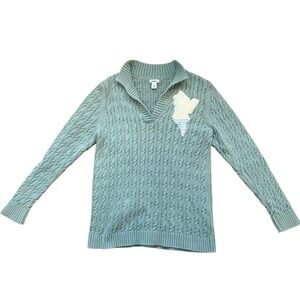 LL Bean Cable Knit Sweater Custom Maine Map Patch Sage Green Cotton